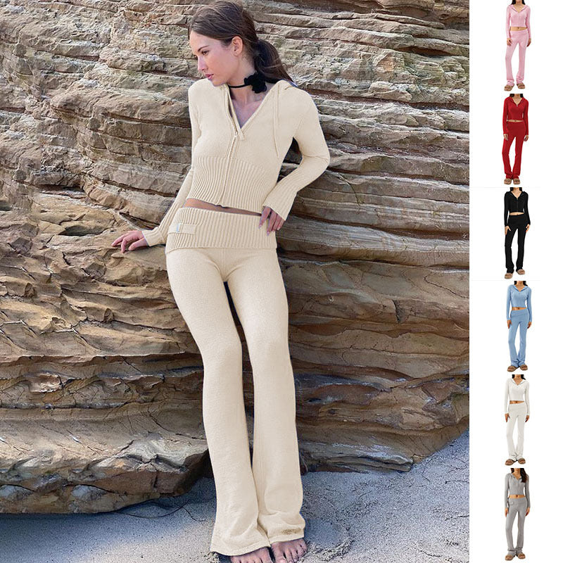 2pcs Knitted Hooded Suits Women's Long-sleeved Cardigan And High Waisted Trousers Clothing Pi-Mart
