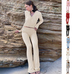 2pcs Knitted Hooded Suits Women's Long-sleeved Cardigan And High Waisted Trousers Clothing Pi-Mart