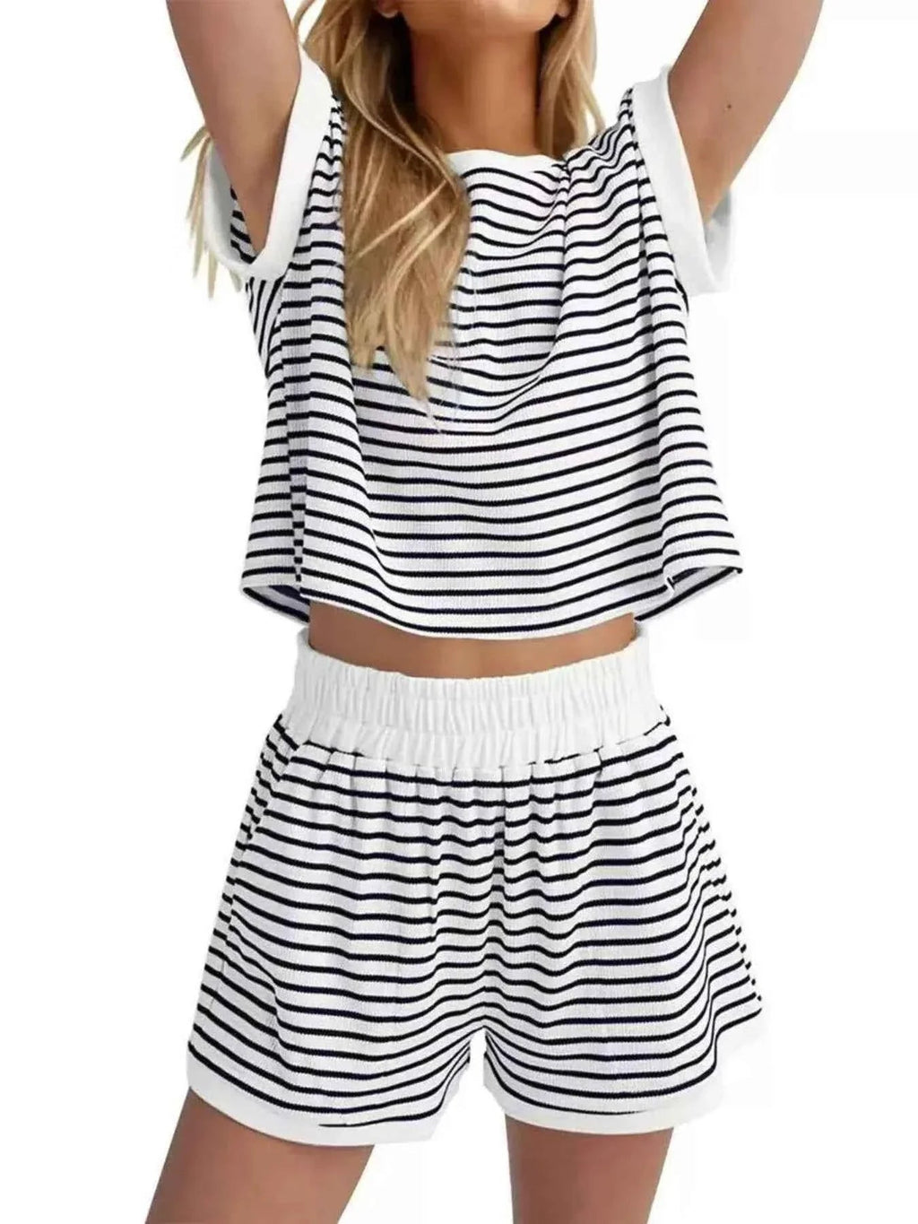 Striped Chic: Plus Size Top & Shorts Set THRIXINE