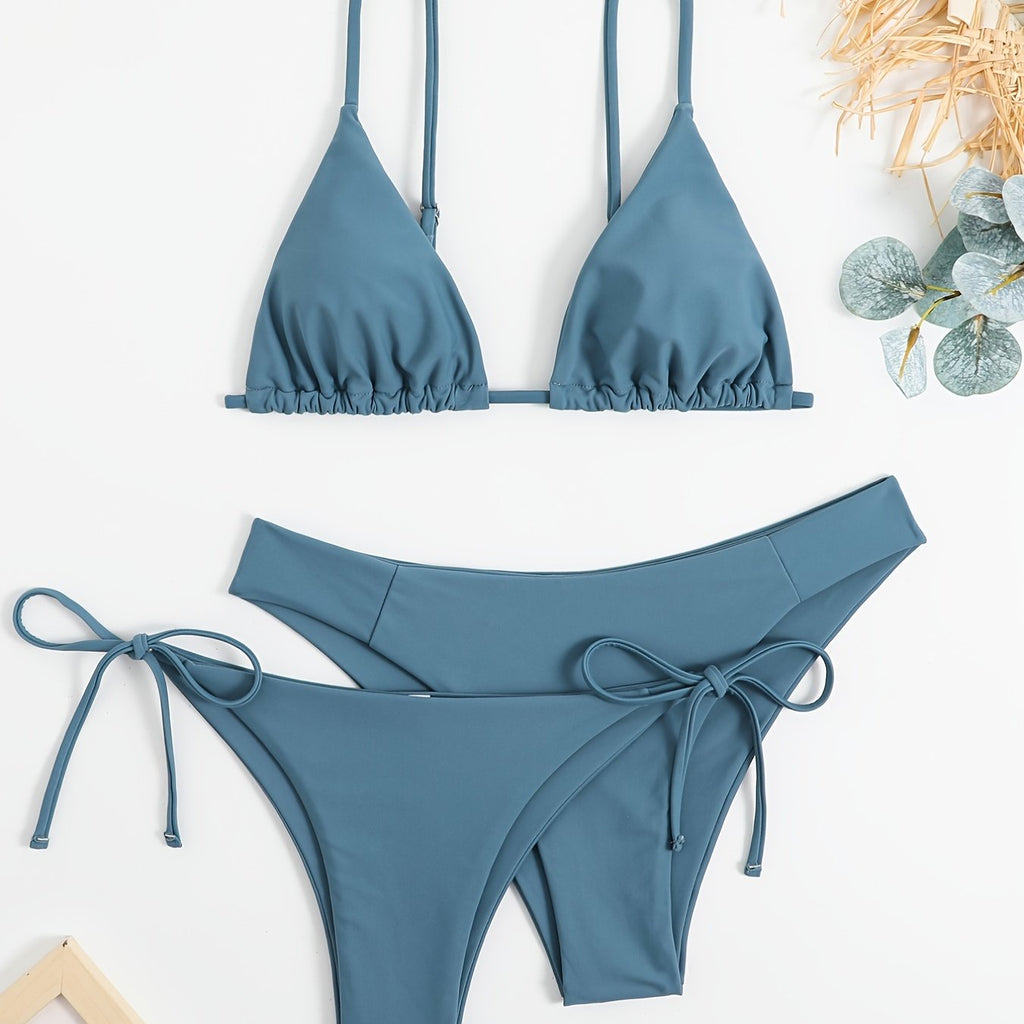 Essential Edge 3-Piece Bikini Set for Women – Solid Color High-Cut Triangle Top Two-Style Bottoms with Side Lace-Up Design & Quick-Drying Comfort – Versatile Women's Swimwear for Summer Pool Beach & Travel Stevvex