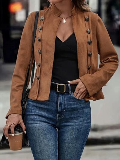 Decorative Button Open Front Long Sleeve Jacket – Elegant Casual Outerwear for Women