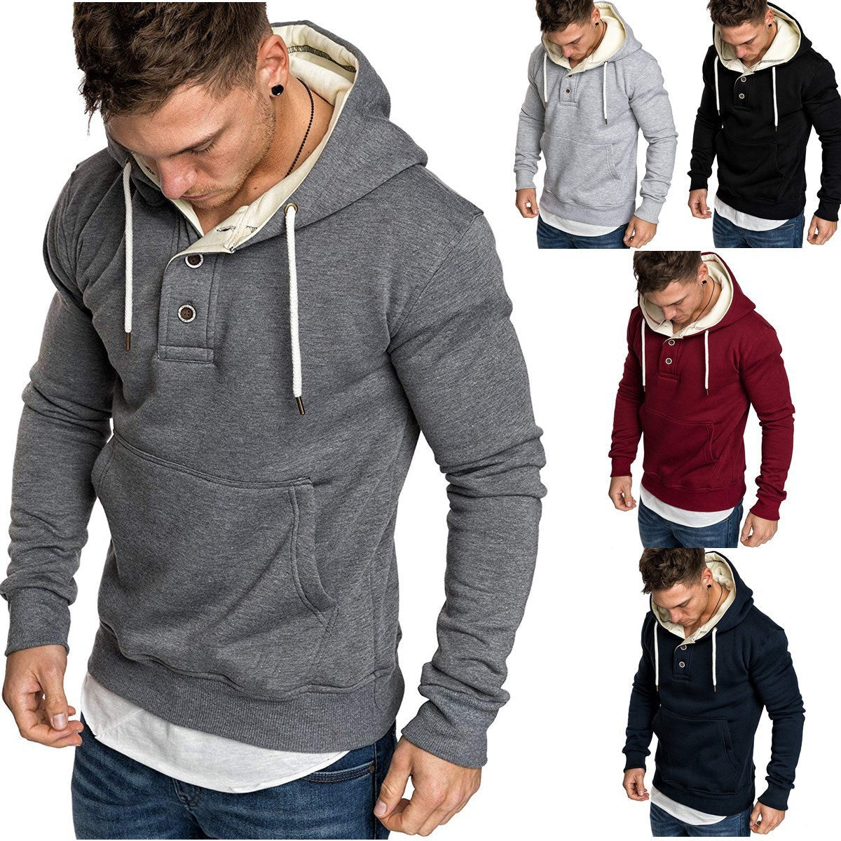 Button-Trim Hooded Fleece Sweatshirt - Cotton Blend Pullover with Pockets Pi-Mart