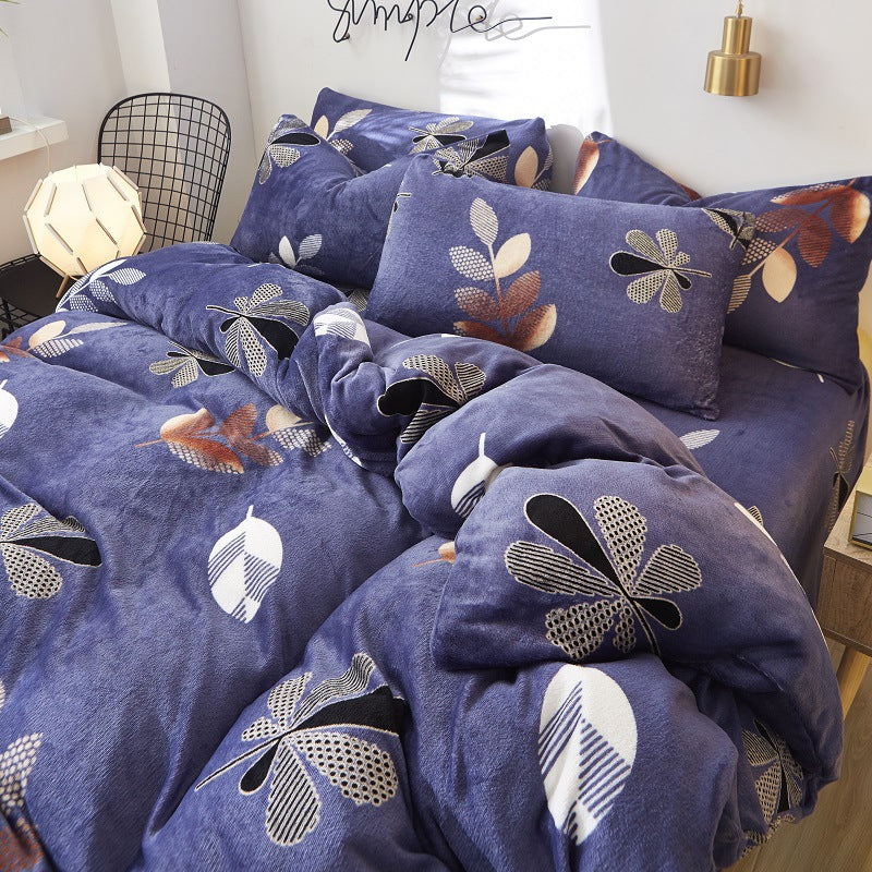 Flannel Bed Sheet Cover, Quilt Cover, Pillowcase And Bedding Set Of 4 Pi-Mart