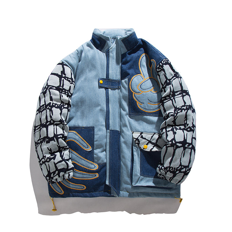 Denim Stitching Embroidered Stand-up Collar Cotton Coat Pi-Mart