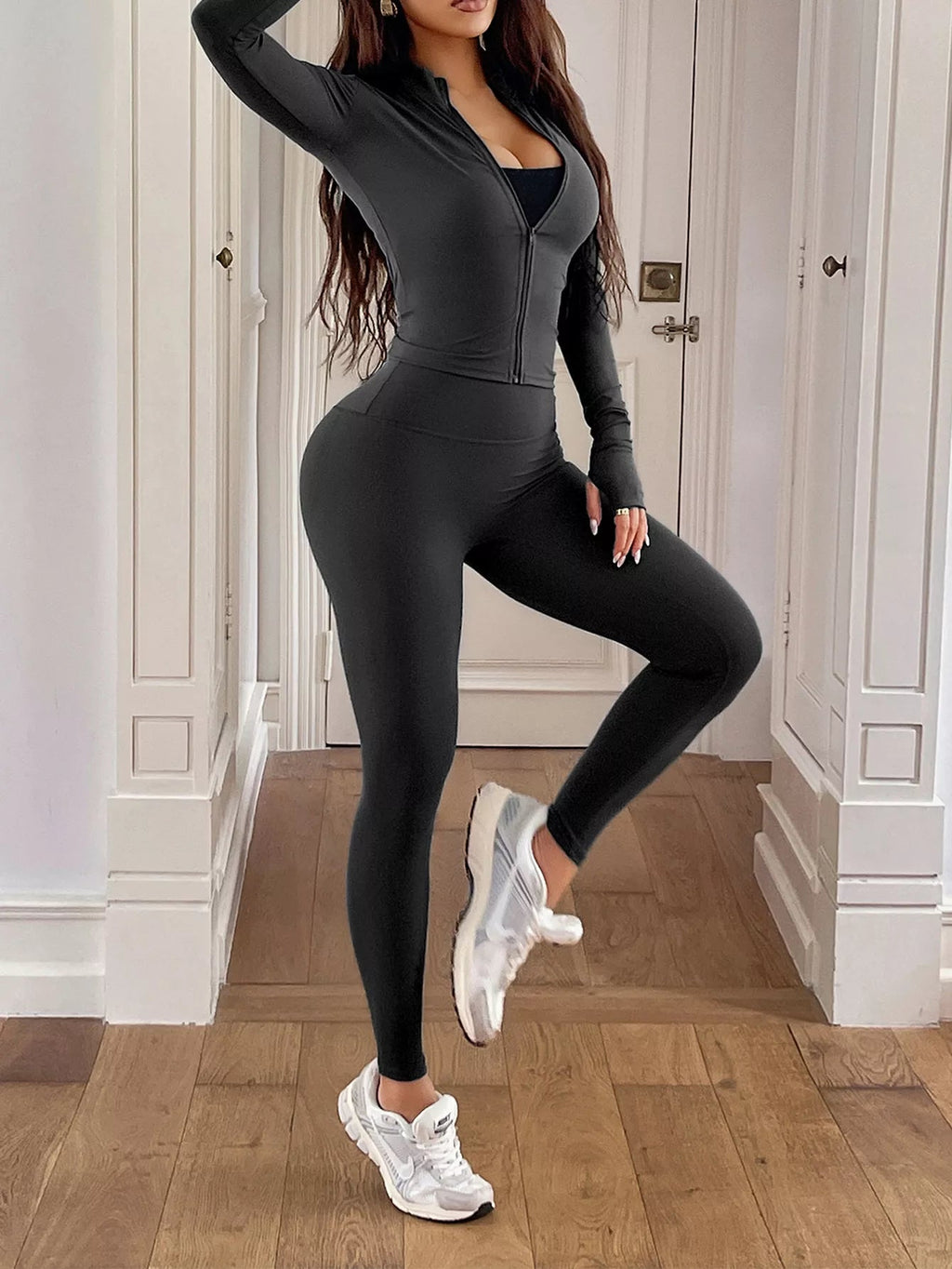 Zip Up Long Sleeve Top and Leggings Active Set THRIXINE