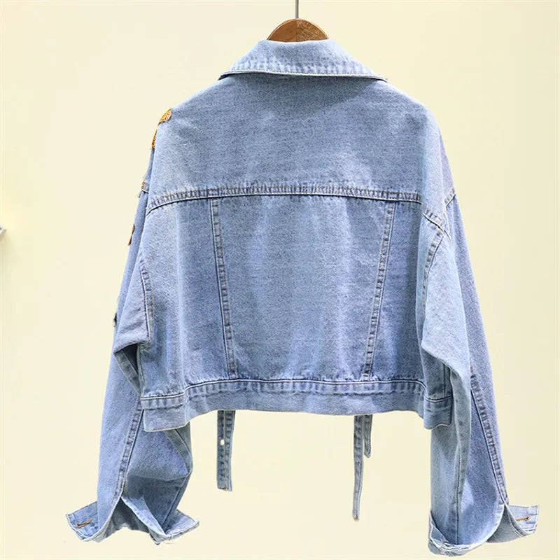 Autumn Denim Jacket Women Flowers Embroidery Sequins Jeans Coat Loose Long Sleeve Casual Student Short Clothes Streetwear H302 Purplish Diva