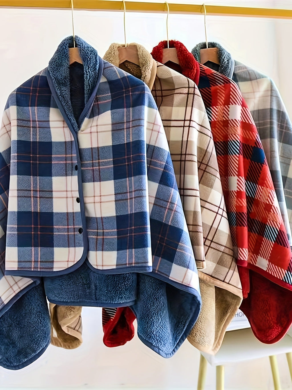 Women'S Casual Plaid Pajama Cape Blanket, V-Neck Sleeveless Knit Fabric with Button Detail, Polyester 100% Flannel, Medium Stretch, All-Season Loose Fit - Thick Heating Office Air-Conditioning Nap Blanket Lootquake LLC