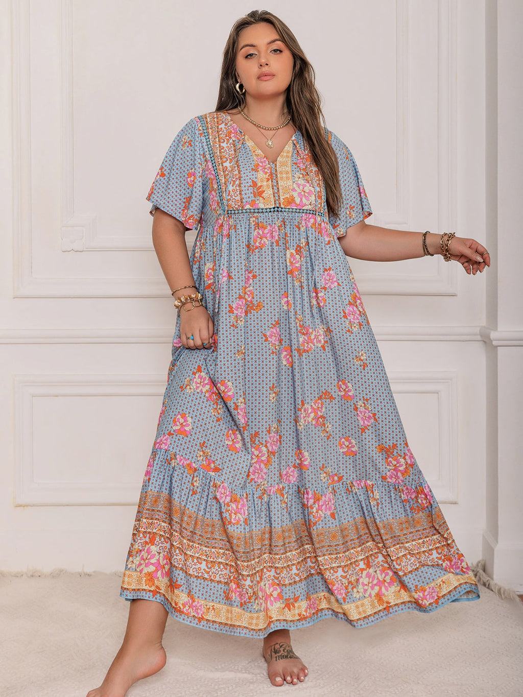 Pink Purple Plus Size Printed Flutter Sleeve Maxi Dress Elegant & Flowy Dress Unique Design Stevvex