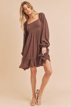 New Ruffled Hem Square Neck Balloon Sleeve Mini Dress For Women – Trendy, Elegant, Feminine & Fashion-Forward