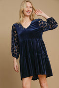 Dotted Lace Sleeve Tiered Velvet Mini Dress For Women – Vintage Velvet Dress, Lace Sleeve Mini Dress, Tiered Velvet Dress, Elegant Party Dress Stevvex