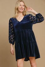 Dotted Lace Sleeve Tiered Velvet Mini Dress For Women – Vintage Velvet Dress, Lace Sleeve Mini Dress, Tiered Velvet Dress, Elegant Party Dress Stevvex