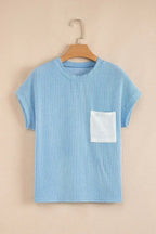 Pink Corded Colorblock Pocket Crew Neck T Shirt