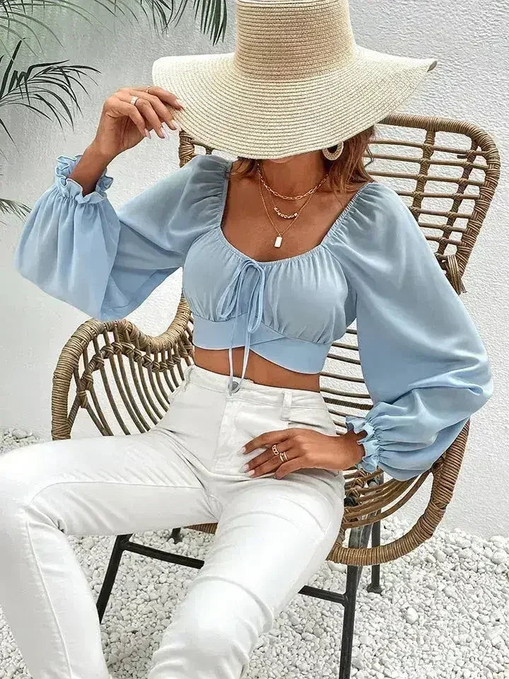 Light Blue Honey Raglan Sleeve Cropped Blouse | Femstylo - SJB-DIAMOND ELITES