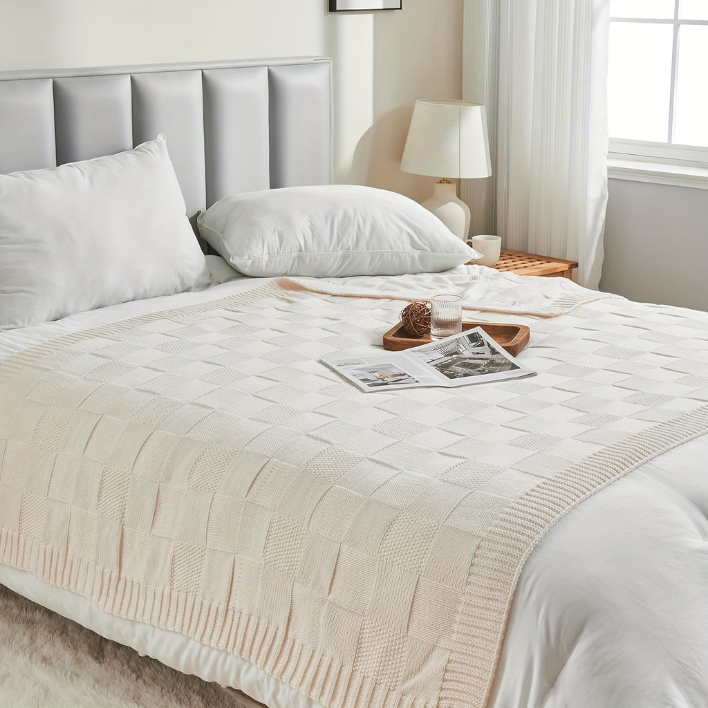 1pc Knit Throw Blanket, White Checkered Throw Blanket For Couch, Soft Cozy Warm Knitted Throw Blanket For Bed Sofa Lootquake LLC