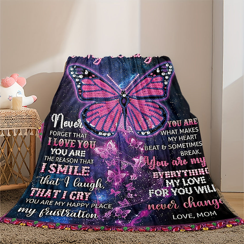 1pc Butterfly Printed Flannel Blanket, To My Daughter From Mom Envelope Blanket For All Season, Warm Cozy Soft Throw Blanket Nap Blanket For Couch Bed Sofa Office Camping Travel Home Decor, Holiday Gift Blanket For Daughter Lootquake LLC