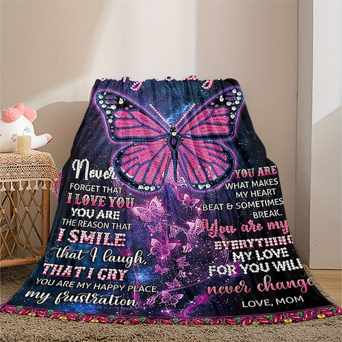 1pc Butterfly Printed Flannel Blanket, To My Daughter From Mom Envelope Blanket For All Season, Warm Cozy Soft Throw Blanket Nap Blanket For Couch Bed Sofa Office Camping Travel Home Decor, Holiday Gift Blanket For Daughter Lootquake LLC