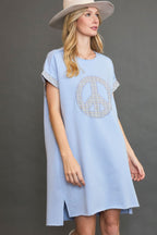 Peace Plaid Applique Short Sleeve Mini Dress – Chic and Stylish Plaid Dress with Applique Detailing for a Trendy and Versatile Look Stevvex