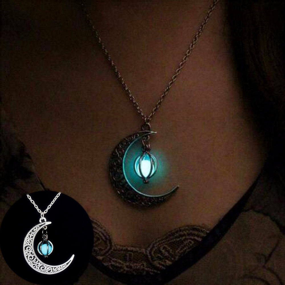 Fashion Moon Natural Glowing Stone Healing Necklace Women Gift Charm Luminous Pendant Necklace Jewelry Pi-Mart