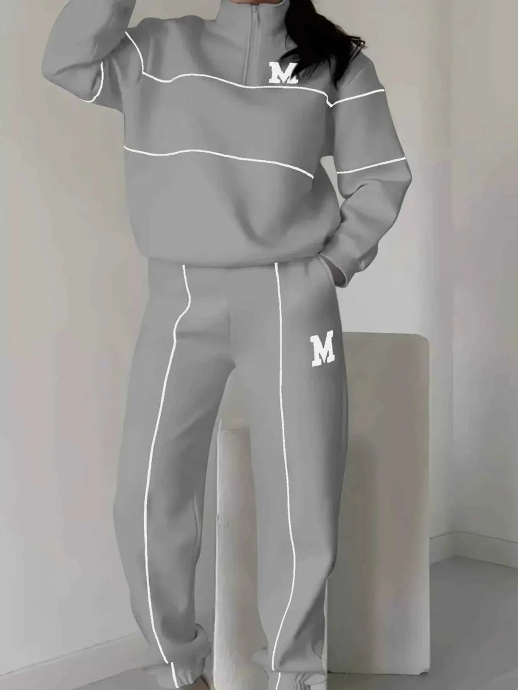 Full Size Striped Quarter Zip Top and Pants Set Plus Size THRIXINE