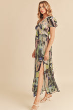 Lace Detail Slit Geometric Print Short Sleeve Maxi Comfortable Dress For Women, Elegant Lace, Alluring Slit, Sophisticated Geometric Print for Casual & Dressy Occasions Stevvex