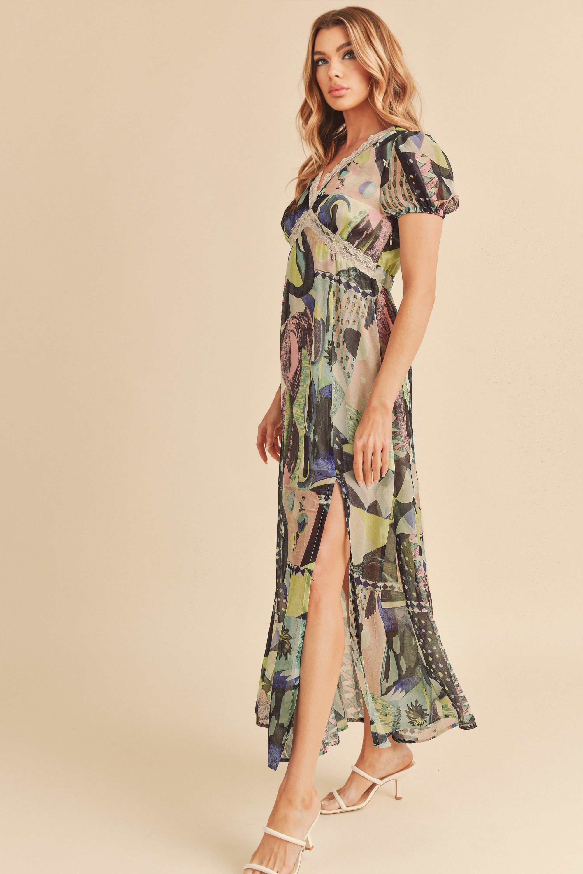 Lace Detail Slit Geometric Print Short Sleeve Maxi Comfortable Dress For Women, Elegant Lace, Alluring Slit, Sophisticated Geometric Print for Casual & Dressy Occasions Stevvex