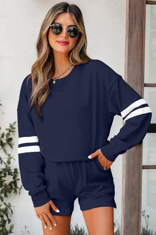 Varsity Stripe Sweatshirt and Short Set THRIXINE