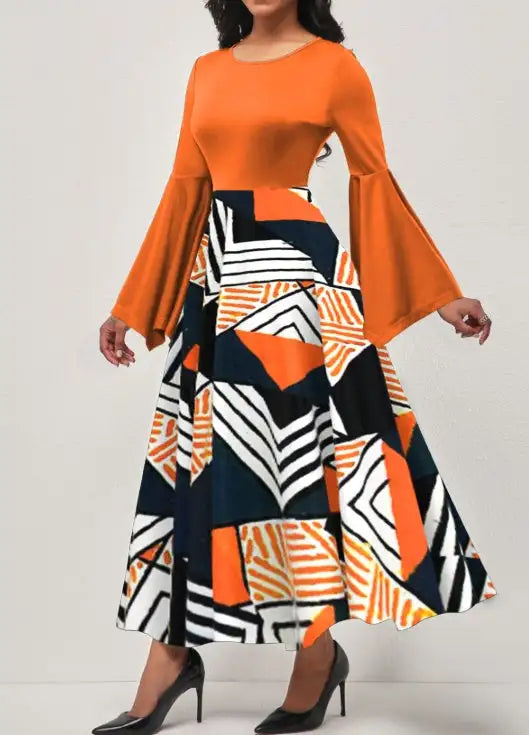 Ladies' Round Neck Printed Irregular Cuff Design Fashionable Dress - SJB-DIAMOND ELITES