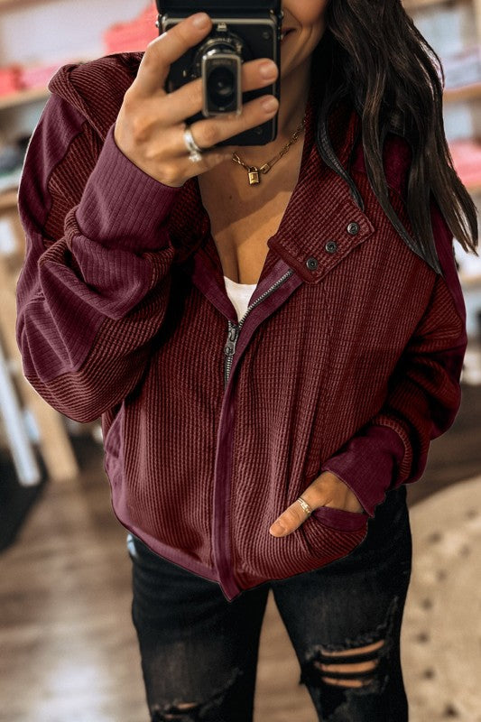 Waffle Zip Up Snap Button Hooded Jacket THRIXINE
