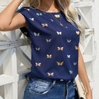 Ladies' Fashionable Butterfly Print Top With Round Neck Pullover And Short Sleeved T-shirt - SJB-DIAMOND ELITES
