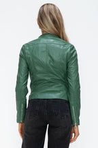 Women Classic Snobbish Faux Leather Zip-Up Drawstring Hooded Jacket Edgy & Casual PU Leather Jacket For Streetwear