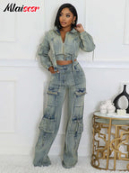 Mlaiscsr Vintage Stretch Denim 2 Piece Pants Sets Women Zip Slim Jackets and Pocket Cargo Jeans Outfit Streetwear Winter Suits Purplish Diva
