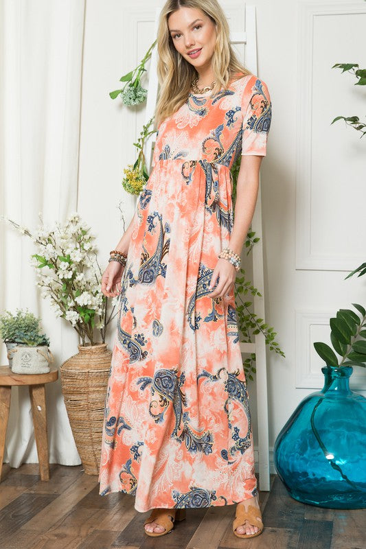 Celeste Paisley Print Short Sleeve Maxi Dress with Pockets Effortlessly Stylish, Fluttering, Comfortable, and Versatile with Pockets for Added Convenience Stevvex