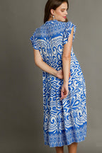 Blue Full Size Two-Tone Print Ruffle Cap Sleeve Midi Dress Plus Size Statement Piece Dress Stevvex