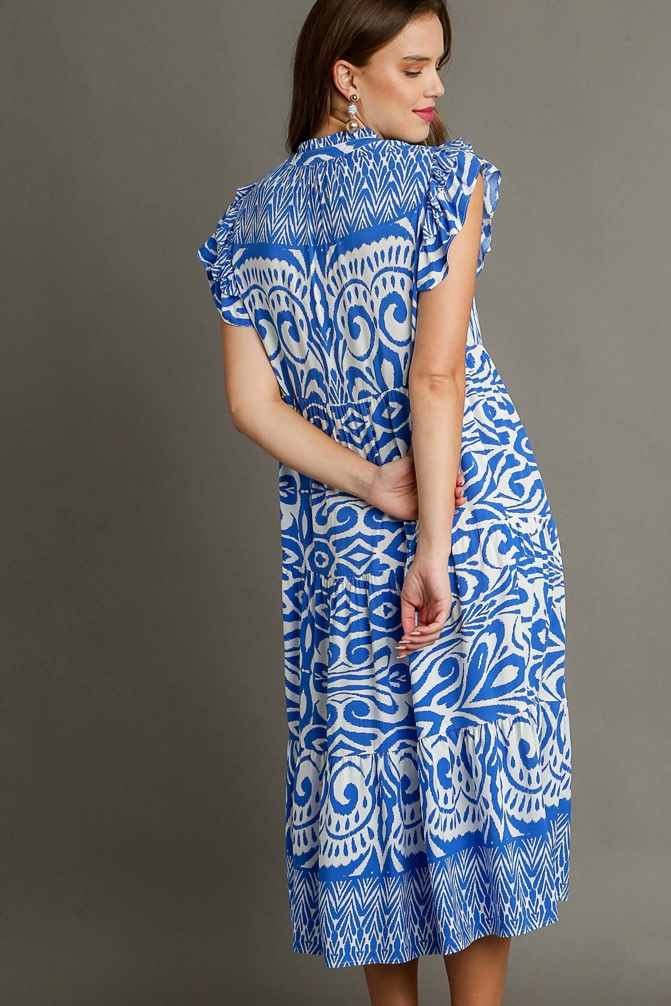 Blue Full Size Two-Tone Print Ruffle Cap Sleeve Midi Dress Plus Size Statement Piece Dress Stevvex