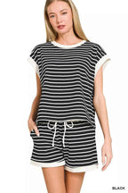 Zenana Stripe Contrast Trim Top & Shorts Set THRIXINE