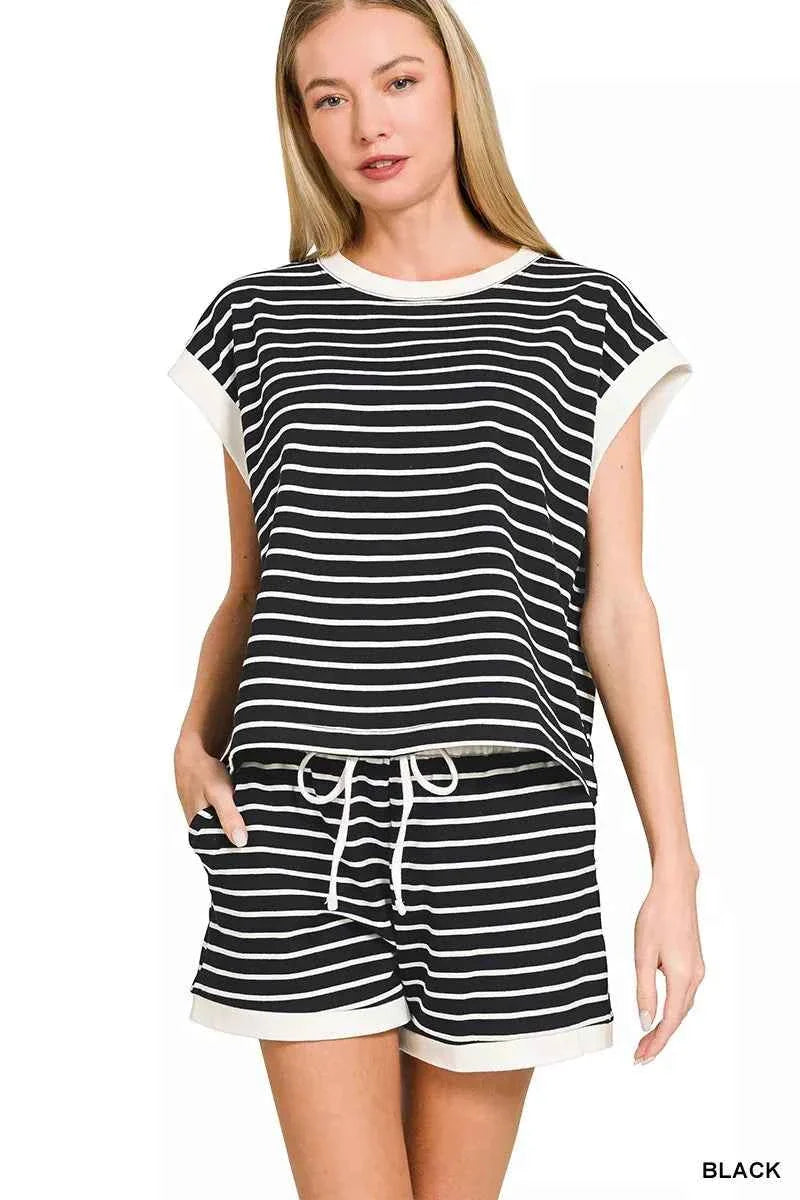 Zenana Stripe Contrast Trim Top & Shorts Set THRIXINE