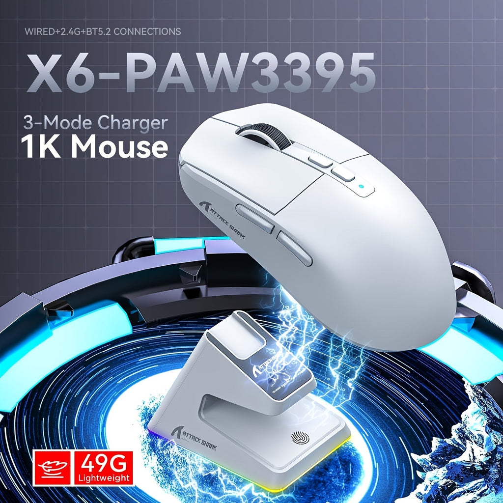 ATTACK SHARK X6 49g SUPERLIGHT Mouse With Magnetic Charging Dock, PixArt PAW3395 Gaming Sensor, BT/2.4G Wireless/Wired Gaming Mouse With Tape, Up To 26000, X3 Upgrade Mice For Win11/Xbox/PS/Mac Lootquake LLC