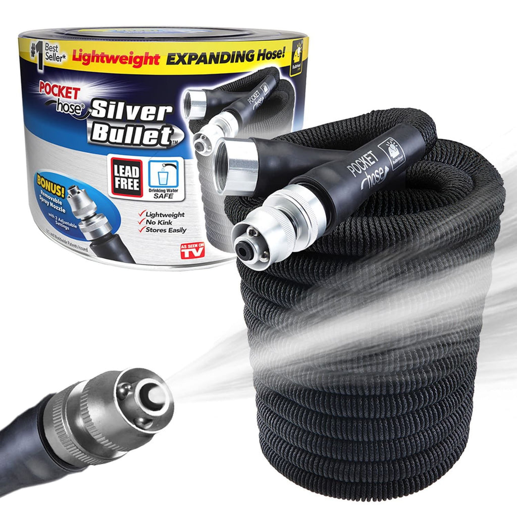 Pocket Hose Original Silver Bullet Water Hose by BulbHead Expandable Garden Hose That Grows with Lead-Free Aluminum Connectors Safe Drinking Water Hose (100 Feet)