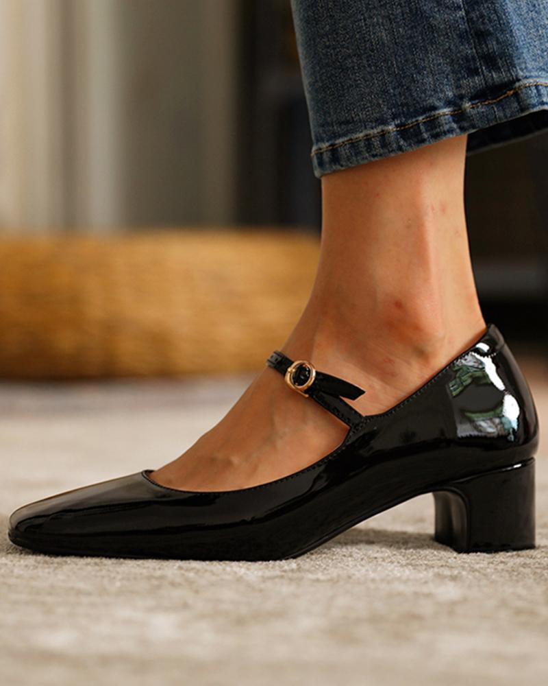 Burgundy bright leather strap square toe shoes for women Pi-Mart