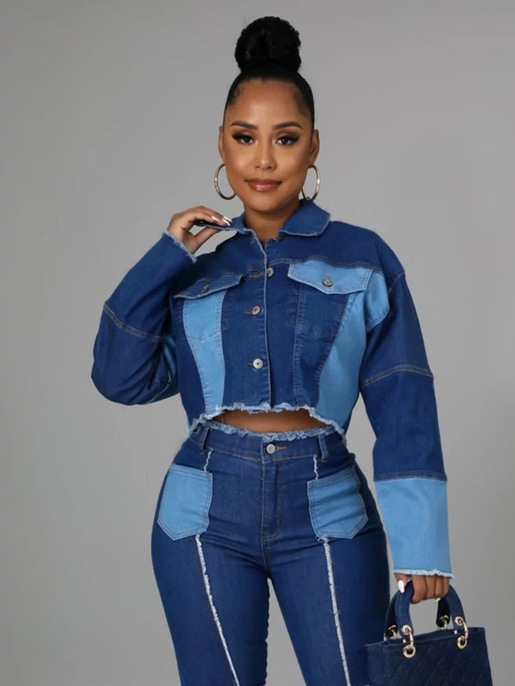 Women's Matching Set Denim Patchwork Vintage Short Jacket and Flare Pant Two Piece Set Outfit Autumn Casual Y2K Fashion Sets Purplish Diva