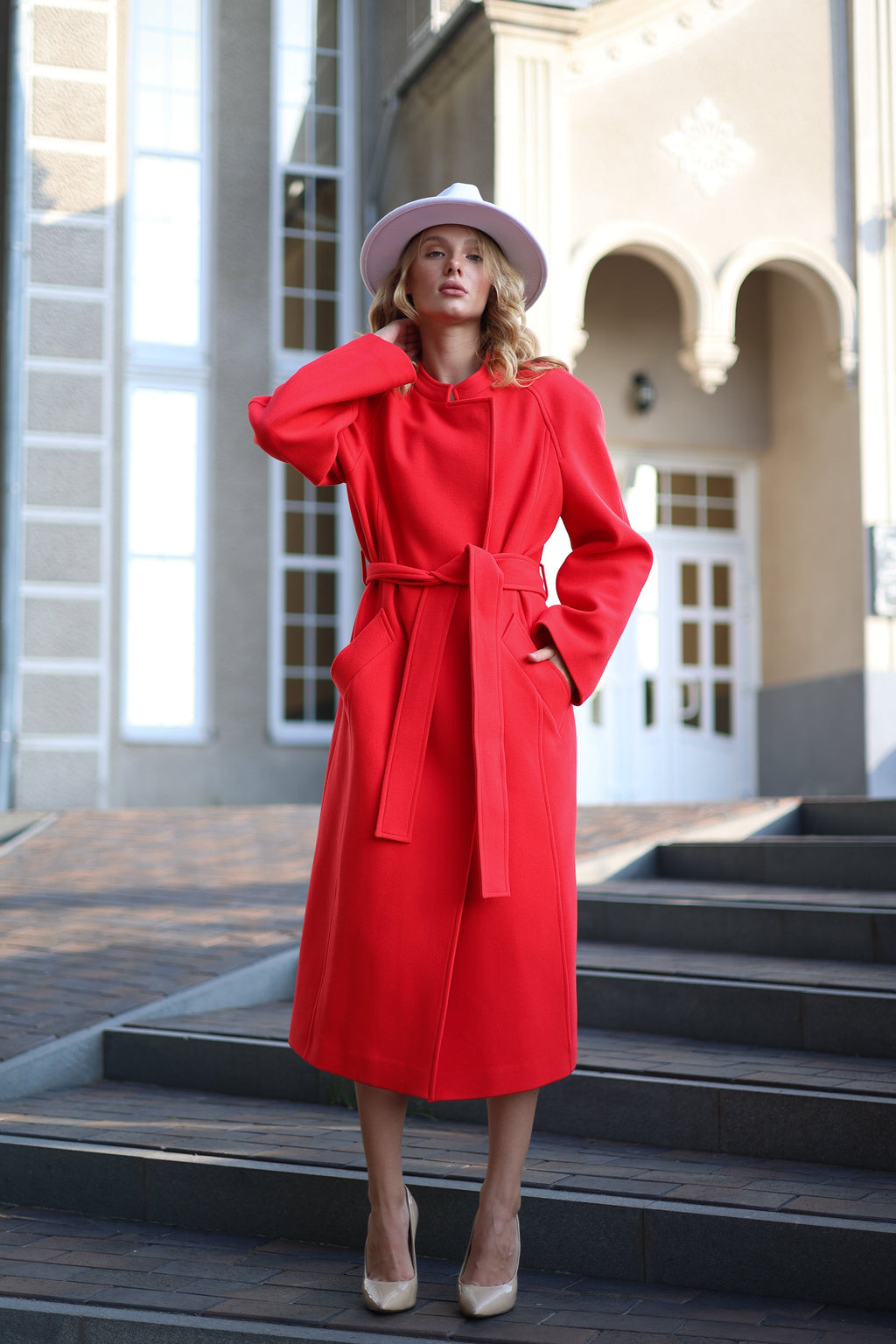 Band Collar Wool Blend Coat in Red - SJB-DIAMOND ELITES