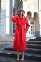 Band Collar Wool Blend Coat in Red - SJB-DIAMOND ELITES