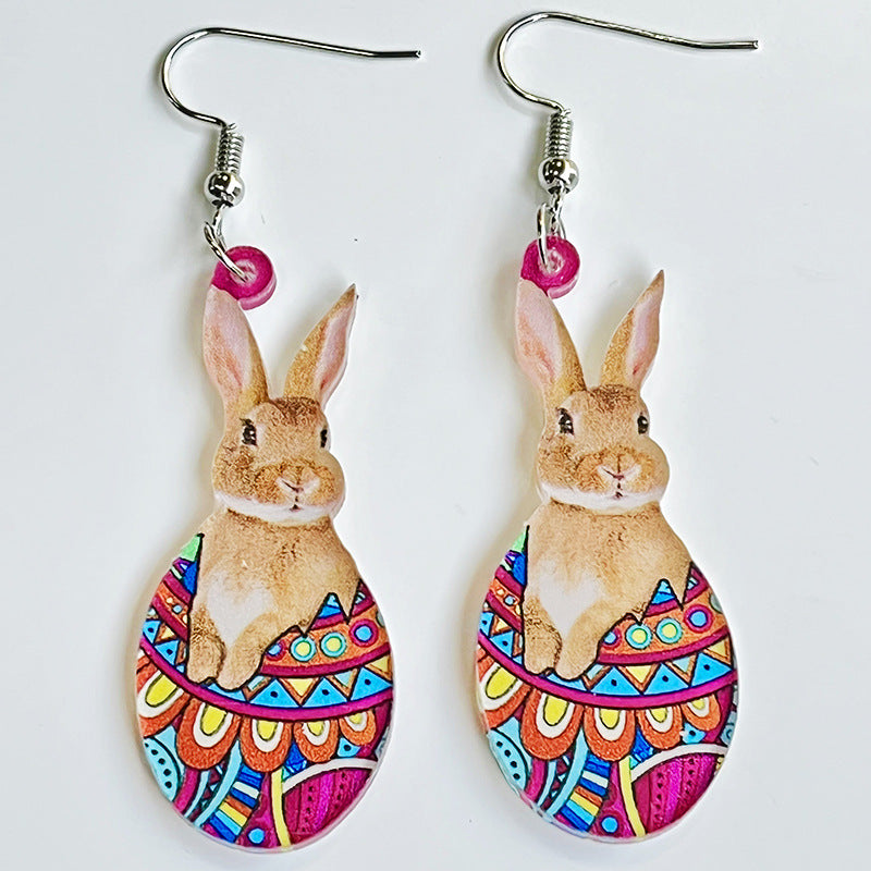 Easter Rabbit Flower Basket Cute Printed Egg Chick Spring Floral Earrings Pi-Mart
