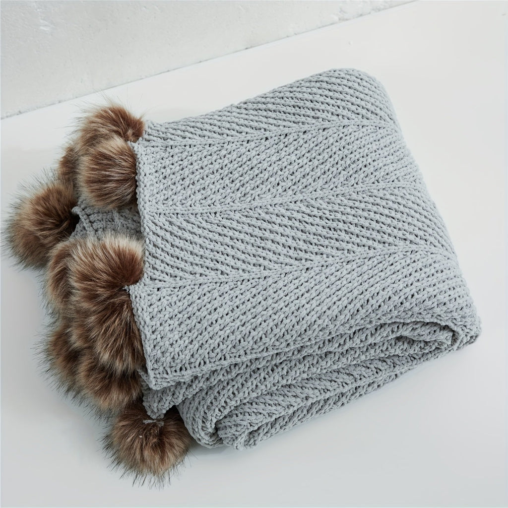 Vintage Chunky Knit Throw Blanket with Pom-pom Embellishment, Space Theme, All Seasons Polyester Cover, Knitted Casual Office Living Room Bedroom Nap Sofa Bed End Blanket 1PC Lootquake LLC