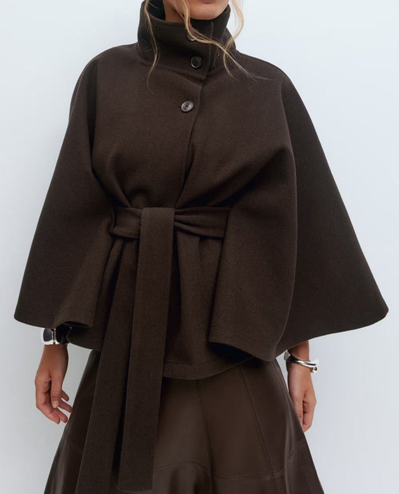 Winter High Neck Batwing Sleeve Coat With Belt Fashion Loose Elegant Button Top Trench Coat For Women Clothing