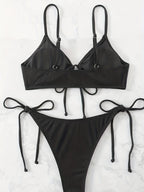 Bikini Solid Rib Knit 2 Piece Swimsuit – Ring Link Tie Front Triangle Bikini Set for Women – Hollow Out High Stretch V-Neck Top with Tie Side Bottoms – Trendy Beach & Pool Swimwear for Summer
