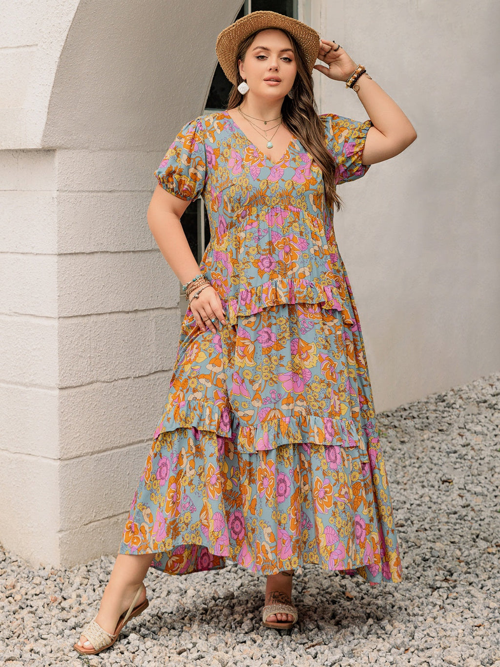Plus Size Printed V-Neck Short Sleeve Maxi Dress Elegant & Flowy Summer Dress For Girls Stevvex