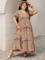 Plus Size Printed V-Neck Short Sleeve Maxi Dress Elegant & Flowy Summer Dress For Girls Stevvex