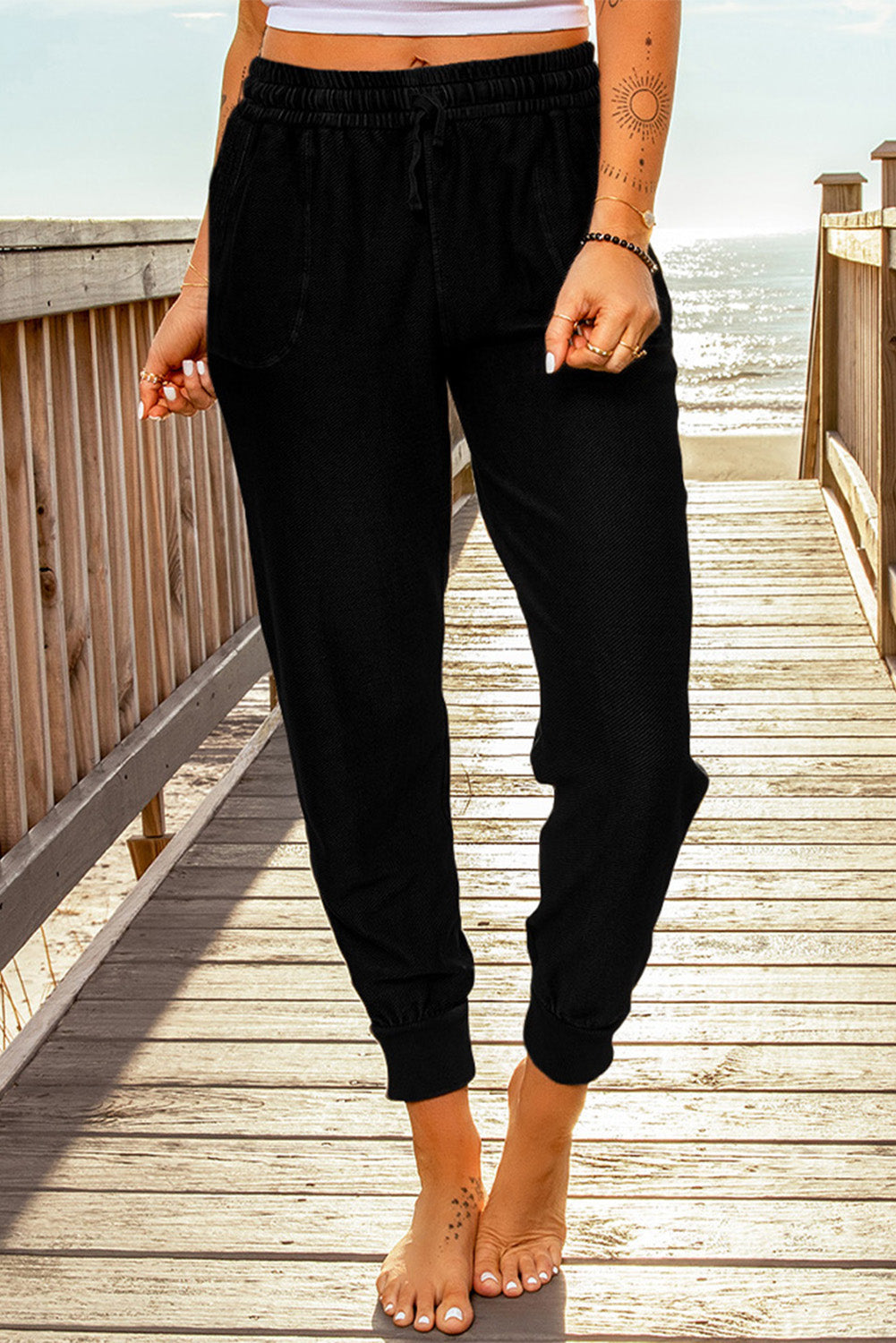 Black Elastic Waist Jogger Pants with Pockets - SJB-DIAMOND ELITES
