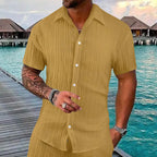 Polo Collar Solid Color Short Sleeve Button Men's Casual Loose Short Sleeves Shirt